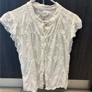 Dear John White Embroidered Floral Ruffle Button Front Blouse Top size Small